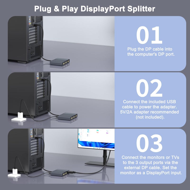 DisplayPort Splitter for 3 Monitors Extended Display, 4K@60Hz DisplayPort MST Hub 1 IN 3 OUT, Display Port to Display Port Adapter, DP to DP Multi Monitor Splitter for PC/NVIDIA/AMD Graphic Card