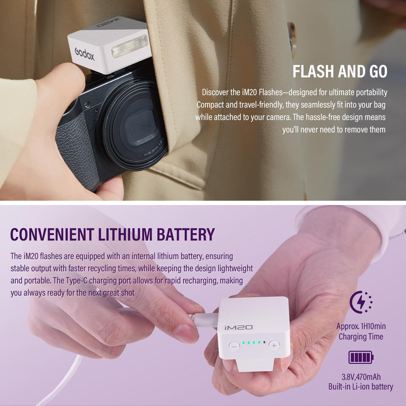 Godox iM20 Mini Flash for Sony zve10 Sony zv1 Ricoh gr3 470mAh | 440 Full-Power Flash 5 Levels Mini Flash Speedlite for Canon Nikon Fuji Olympus Camera White