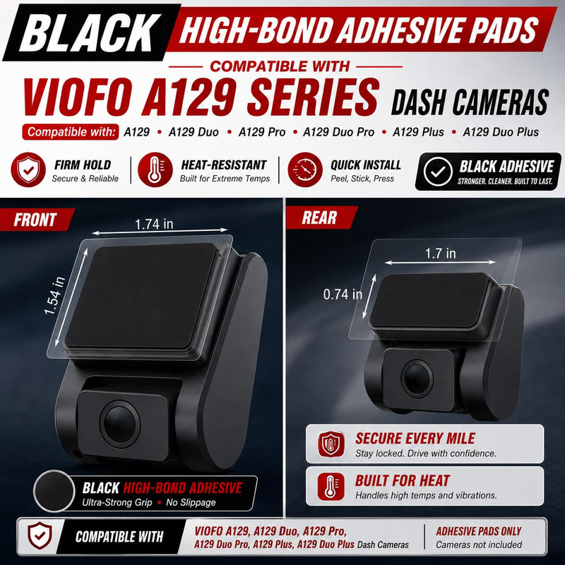 6-Pack Adhesive Pads + 6 Static Stickers Compatible with VIOFO A129 / A129 Duo / A129 Pro / A129 Plus / A129 Duo Plus Dash Cams – Front & Rear Mount Set, High-Bond Black Acrylic Foam Tape