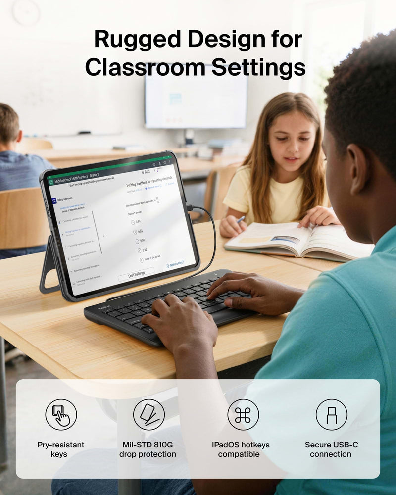 Belkin USB-C Wired Keyboard Full-Size, Plug & Play iPad A16/10th Gen | no batteries required, durable accessory, schools, offices, travel, full-size keys, classroom tablet
