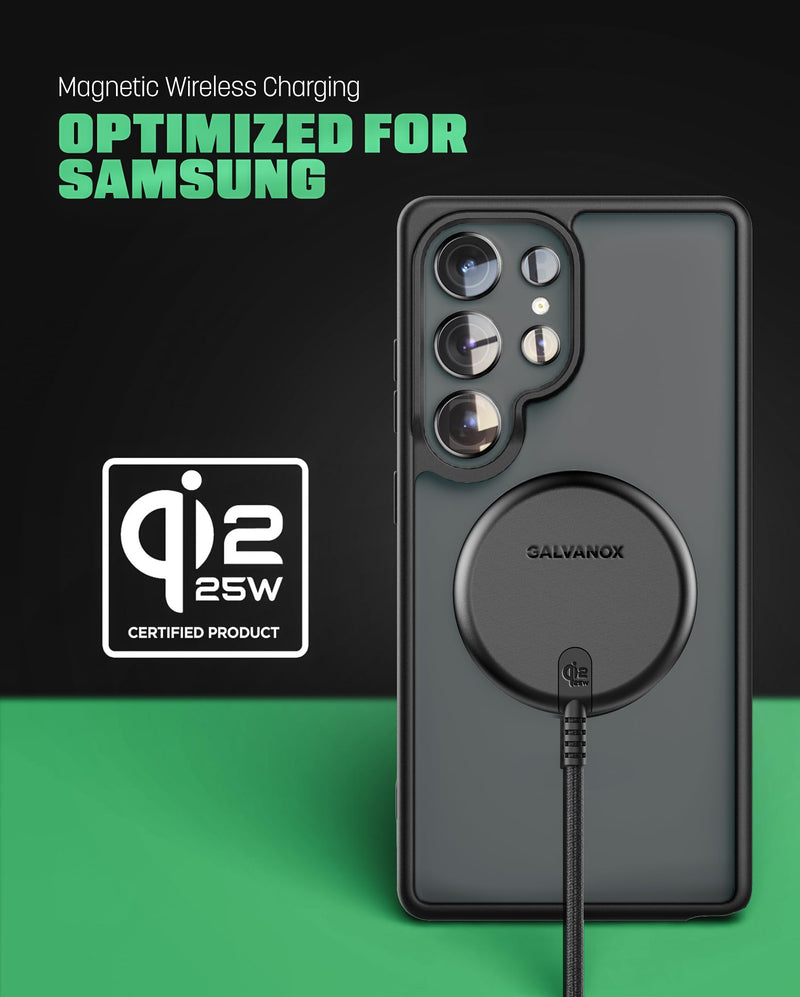 Galvanox 2-Pack, Qi2.2 Certified 25W Wireless Chargers for Samsung | Fast Charging 2.0 with 45W High-Speed Wall Adapters, Strong Magnetic Non-Slip Surface for Galaxy S26, S26 Ultra
