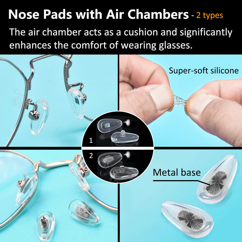 PTSLKHN Screw-in Eyeglass Nose Pads, Glasses Nose Pads Replacement Kit, 12 Pairs of Soft Silicone Nose Pads for Eye Glasses, Sunglasses and Presbyopes 12pairs-clear&silver