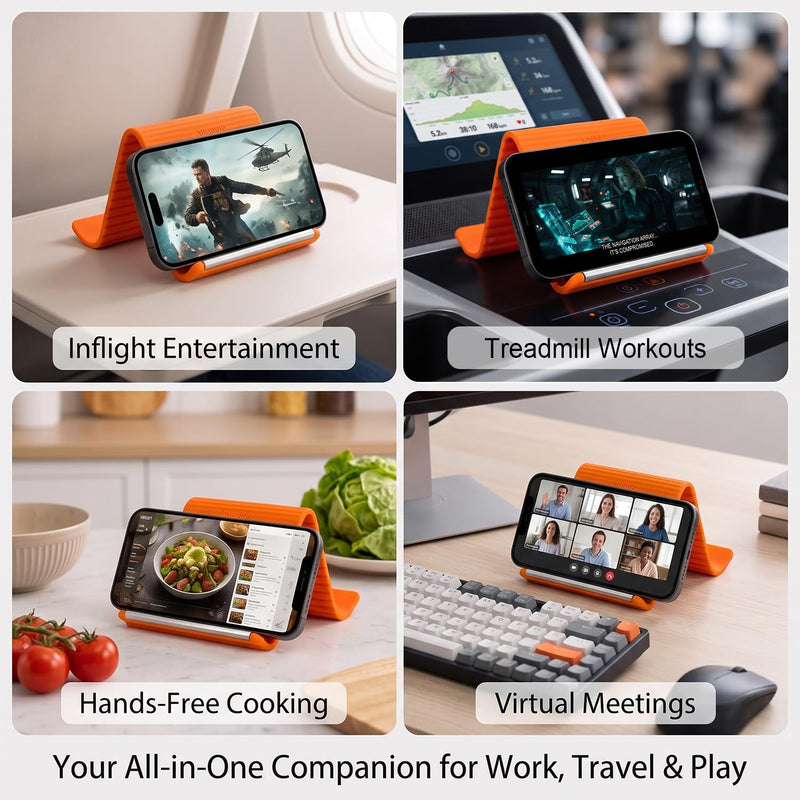 1PCS Flexible Silicone Phone Stand Holder, Foldable Adjustable Cell Phone Stand, Portable Anti Slip Airplane Phone Holder for Bed, Office, Kitchen, Travel, Compatible with Smartphone, Tablet（Orange） Orange