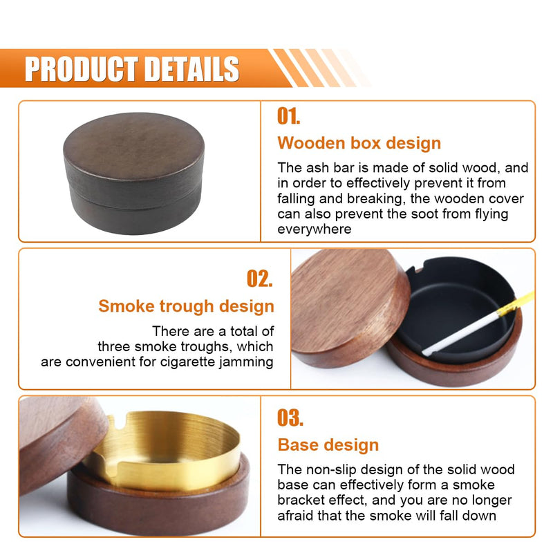 Portable Car Ashtray with Windproof Lid, Carry-on Smokeless Self-Extinguishing Cigarette Ashtray Cup Holder Mini Trash Can, Detachable Stainless Steel Wooden Ashtray for Home Office (Black) Black