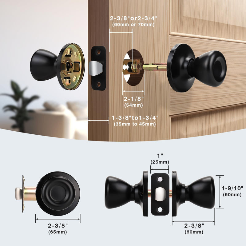 KNOBWELL 2 Pack Passage Door Knobs Interior Black Door Knob for Hall and Closet, No Locking Keyless Tulip Round Door Knobs, Matte Black Interior Door Knob Passage Door Knob(No Lock)