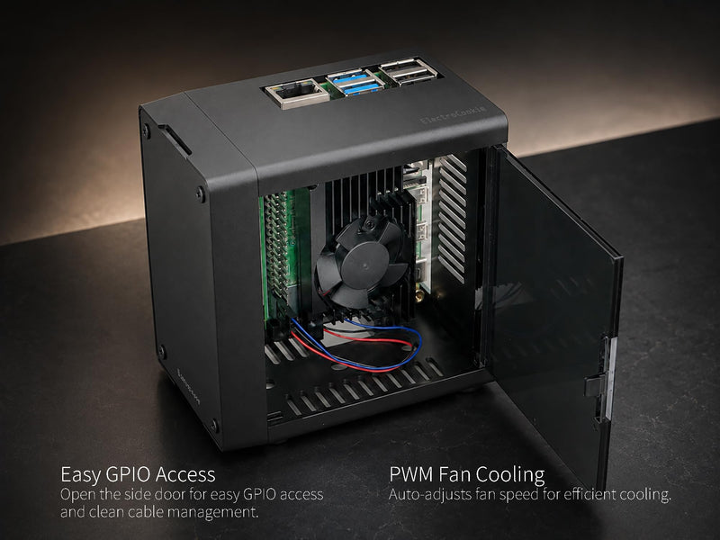 Mini Tower Case for Raspberry Pi 4 with PWM Fan and Side GPIO Access Door
