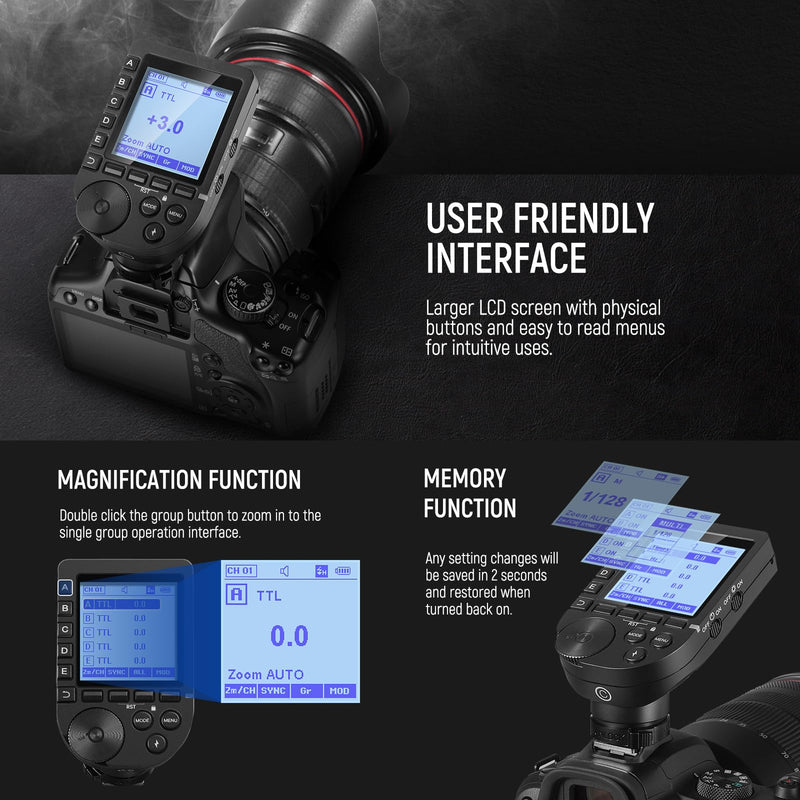 NEEWER Upgraded QPRO-C TTL Wireless Flash Trigger Compatible with Canon 1/8000s HSS Large Screen Slanted Design 5 Group 9 Customizable Functions for Q4 Q3 Z2 Z1 Z760 NW760 S101-300W PRO/400W PRO for Canon