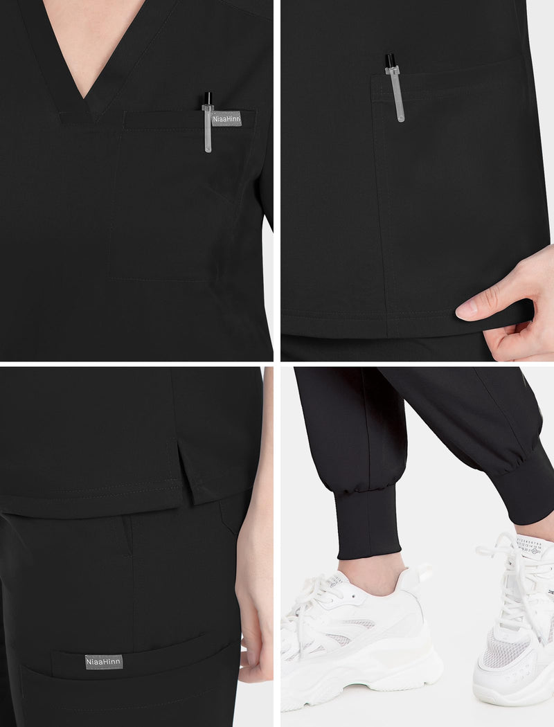 niaahinn Women's Scrub Top with Classic V-Neck & Yoga Jogger Pants Medical Nursing Uniform Set Medium Black