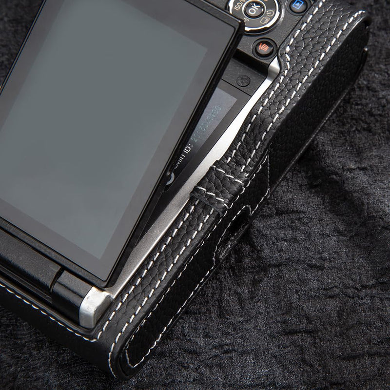 Leather Vintage Half-Wrap Camera Protection case, Handcrafted Camera case, Suitable for Olympus Pen-F M43 (Black) Black