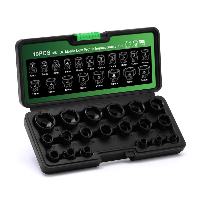 TecoTek 19PCS 3/8-Inch Drive Metric Low Profile Impact Socket Set, Stubby Socket Set, 6mm-24mm, No Skips Sizes, 6 Point, Cr-Mo, Shorter Socket for Tight Areas 0.24" - 0.94" (0.38" Dr.)