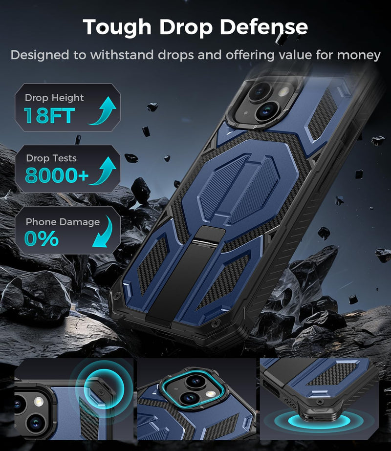 Magnetic for iPhone 13 Case/iPhone 14 Case with Screen Protector, Blue | Invisible Kickstand & Compatible with MagSafe, 3-in-1 Full Body Military Grade Heavy Duty Protective Phone Cover for Men For iPhone 13/14