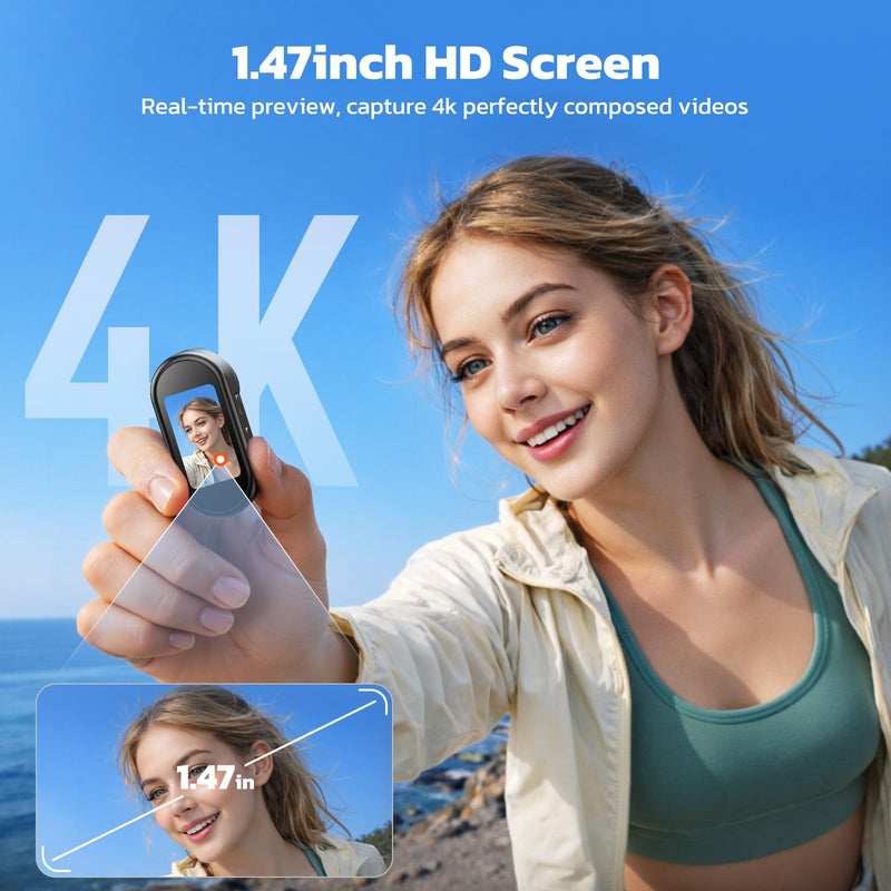 4K Mini Body Camera with 64GB Card, Thumb Action Camera Magnetic Mount 1.47" Screen, Wearable POV Camera for TikTok YouTube Vlogging Motorcycle Security Black
