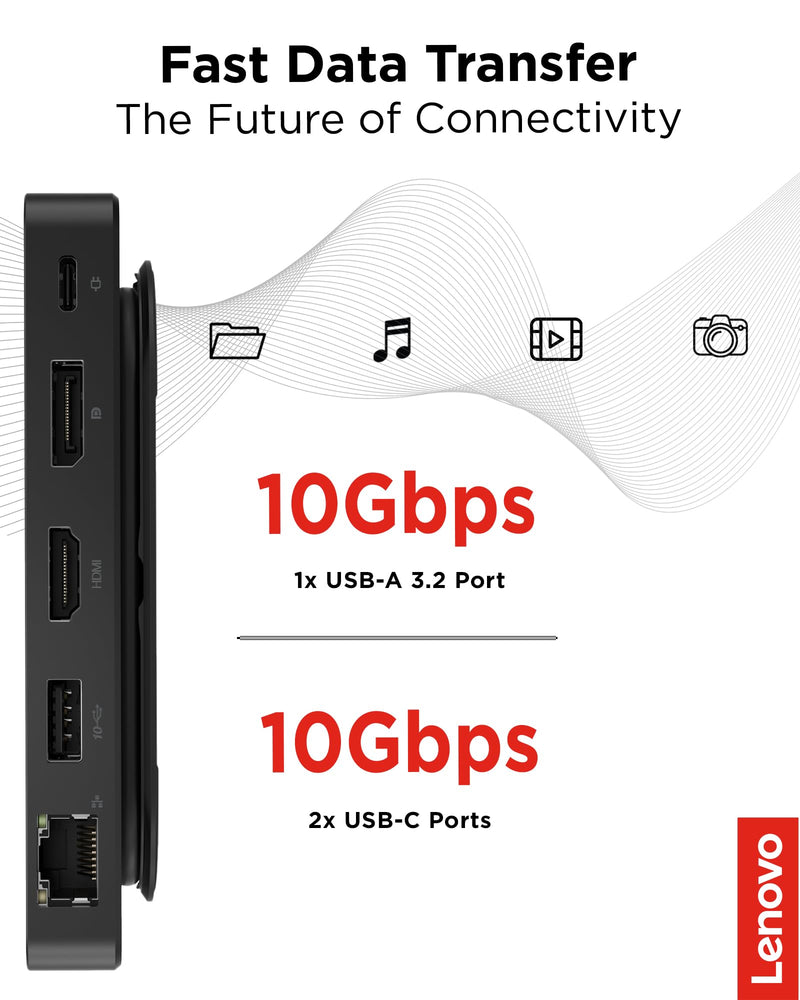 Lenovo USB-C Dual Display Travel Dock - 7 Ports, Integrated Cable, Universal Compatibility, Two displays at 4K - Black USB Dock