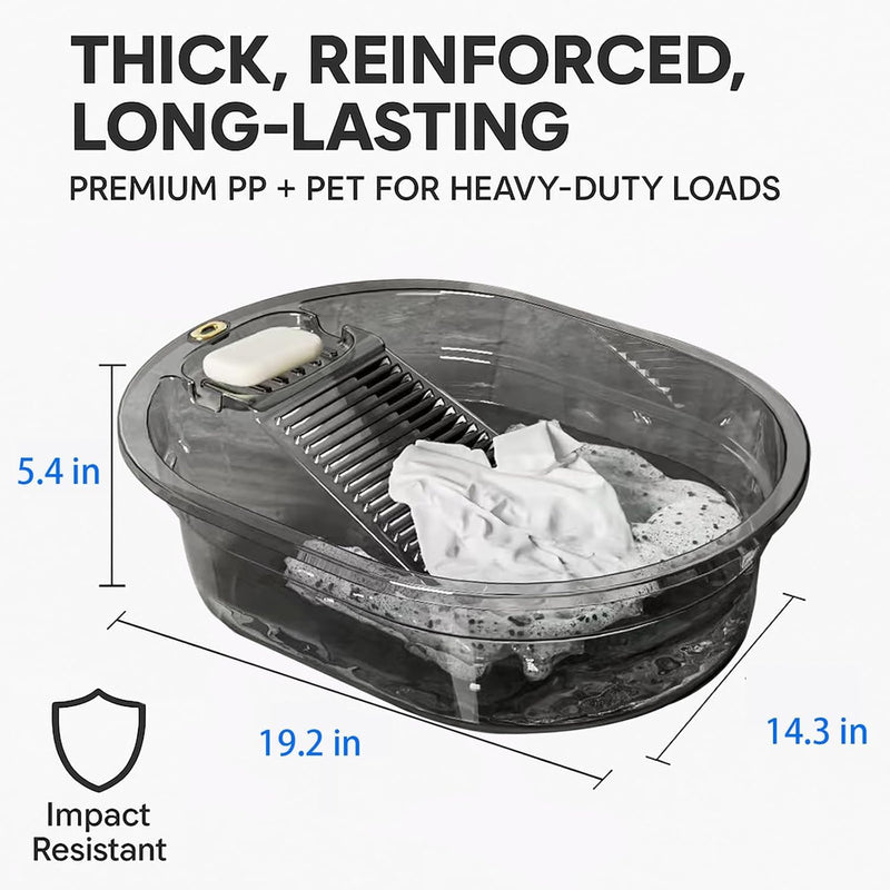 2-in-1 Hand Washing Basin with Washboard - BPA-Free Portable Laundry Tub for Home, Camping, RV,Outdoor - Non-Slip & Durable PET (Gray, 19in) Gray