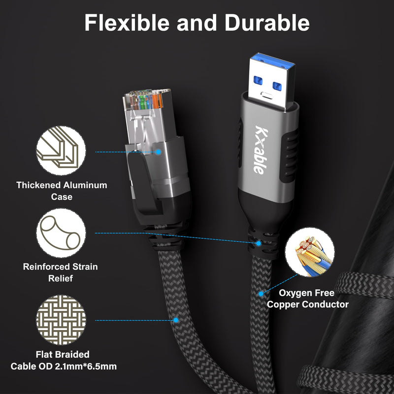Flat USB to Ethernet Cable 15 FT, USB 3.0 A to RJ45 Thin Cord, Directly Connected, Aluminum, Braided, OFC, USB to RJ45 Gigabit LAN Network Cable for Laptop, PC, Switch and More, OD: 0.8in x 0.25in 15 Feet USB A to Ethernet