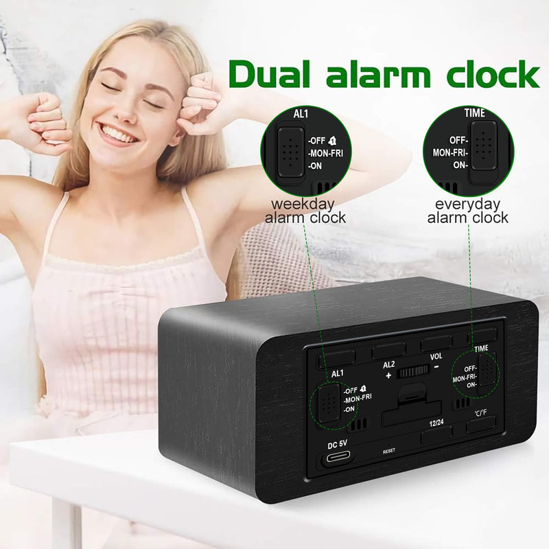 MOSITO Digital Wooden Alarm Clock with Wireless Charging, 0-100% Dimmer, Dual Alarm, Weekday/Weekend Mode, Snooze, Wood LED Clocks for Bedroom, Bedside, Desk, Kids (Black) Black