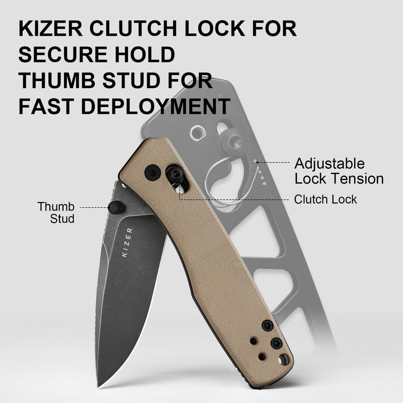 Kizer Aegis EDC Pocket Knife, 2.8" D2 Steel Drop Point Folding Knife with Sand G10 Handle, Thumb Stud Opener Clutch Lock, Pocket Knives for Camping Hiking V3774M1 D2 Steel+Sand G10 Handle