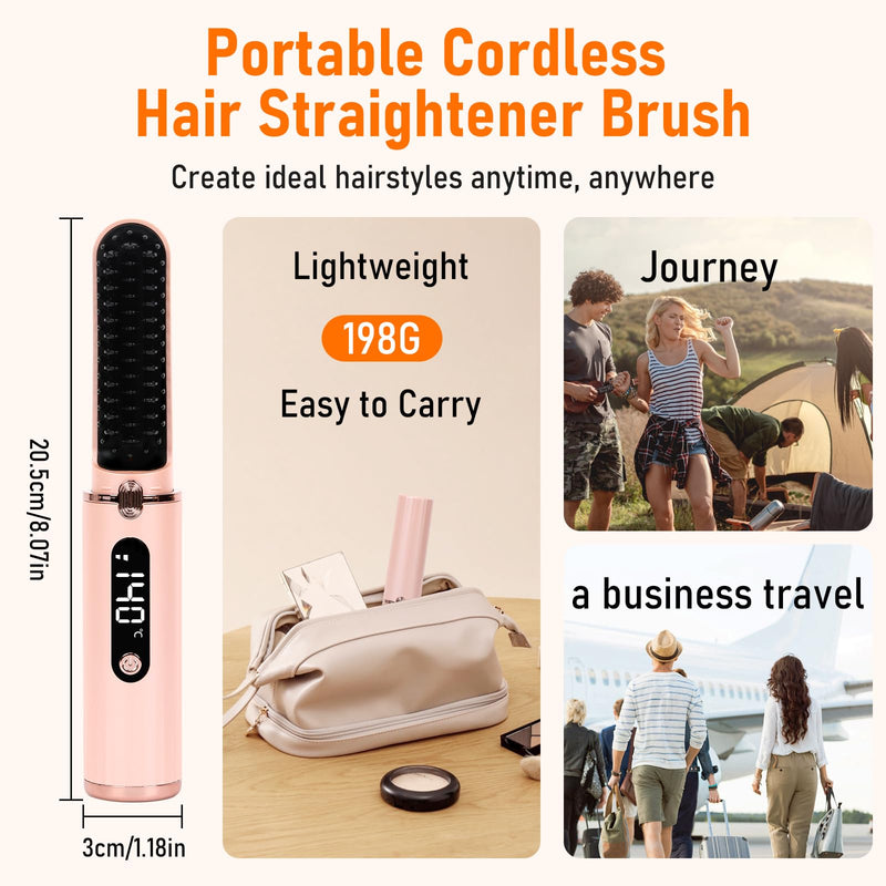 Cordless Hair Straightener Brush, Portable Hot Comb Hair Straightener Negative Ion Hair Straighteners Comb for Women 4 Temperature Beard Straightener Brush USB Rechargeable Anti-Scald Auto-Off
