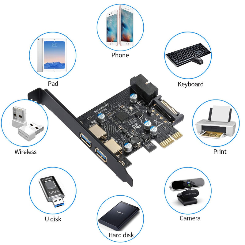 PCI-E USB 3.0 Card, PCI Express 1X 2 Ports with Internal 19 Pin USB 3.0 Connector Superspeed 5Gbps PCI-E USBIII Expansion Card Controller Adapter Support Windows 10/8 / 7 / XP Black-4USB