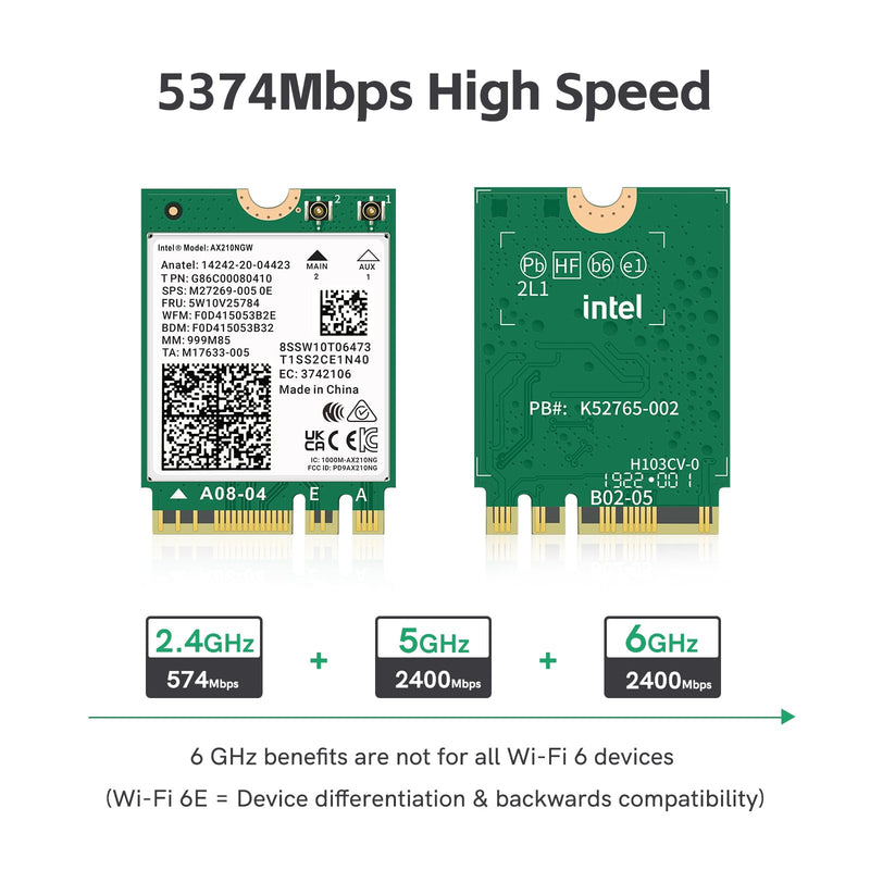WiFi 6E AX210 NGW Wireless Card M.2 2230/NGFF WiFi 6E Laptop Module with Bluetooth 5.3, 5400Mbps Tri-Band AX210 WiFi Chip Adapter, Ultra-Low Latency, Supports Windows 11/10 (64bit only)