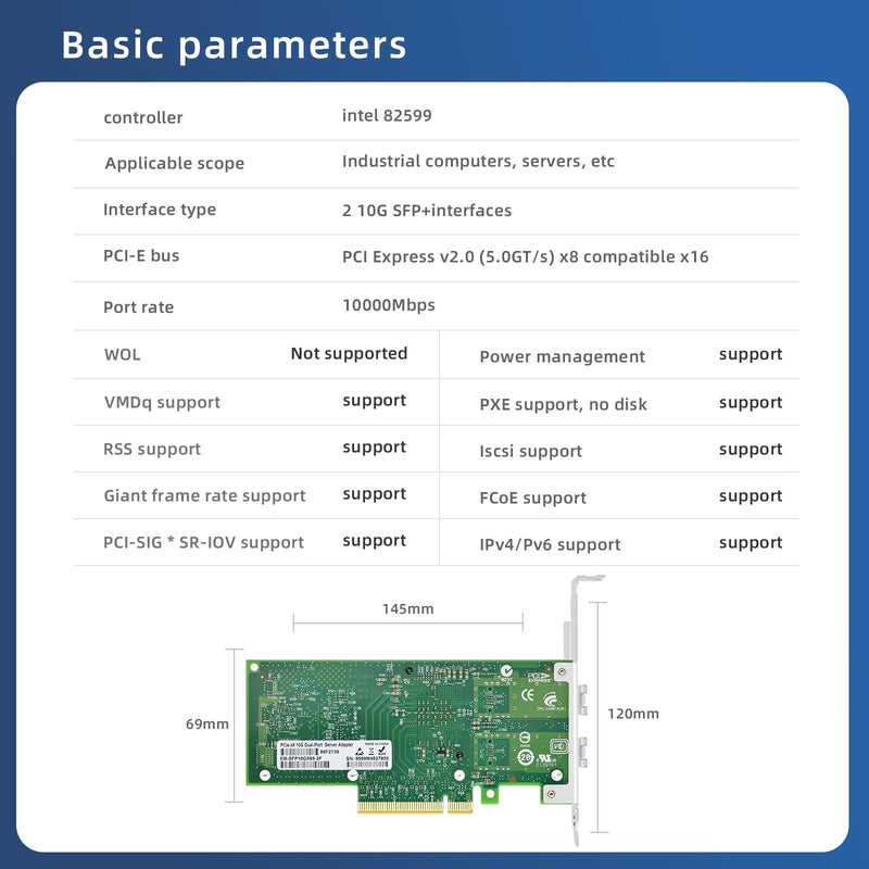 PCI-E X8 10G Dual SFP+ Port Fiber Optic Network Card, X520-DA2 with Intel 82599 Chip Ethernet Adapter Server E10G42BF Support Windows Server/Linux/VMware No optical module X520-DA2-X8-2*SFP+