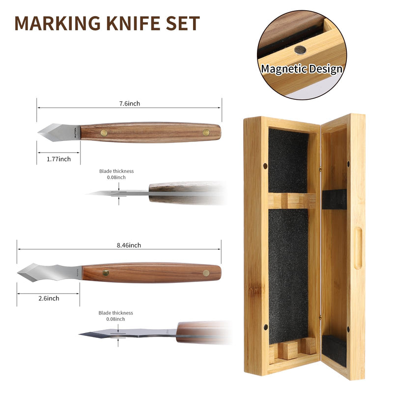 RUITOOL Profession Marking Knife Set for Woodworking, Ambidextrous Scribe Tool with Bamboo Storage Box, High Carbon Steel Double Beveled Blade with Wooden Handle, Precision for Carpenter, DIY Handyman