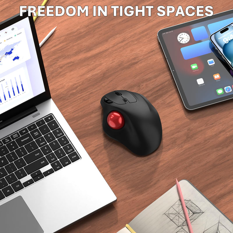 EDJO Wireless Trackball Mouse, Ergonomic Mouse with 30° Tilt, 5 DPI, Red | Thumb control, 3-device Bluetooth/2.4G, up to 160h battery, Type-C rechargeable, stays in place, removable ball, easy cleanup