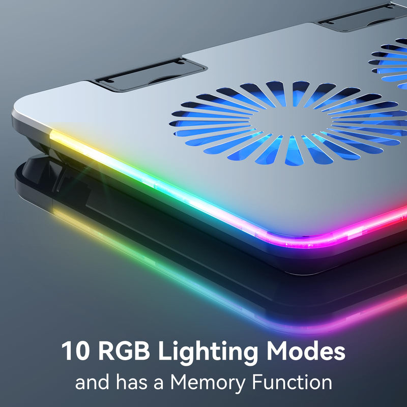 RGB Gaming Laptop Cooling Pad with Metal Panel, 2 Ultra Quiet Big Fans, 10 Lighting Modes, Phone Stand & 7 Height Adjustable Ergonomic Cooler for 10-15.6 Inch Laptops Silver