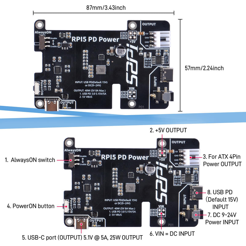GeeekPi PD Power Expansion Board for Raspberry Pi 5 8GB 4GB, with Always-ON Switch, Automatic Startup and Manual Power Control Function