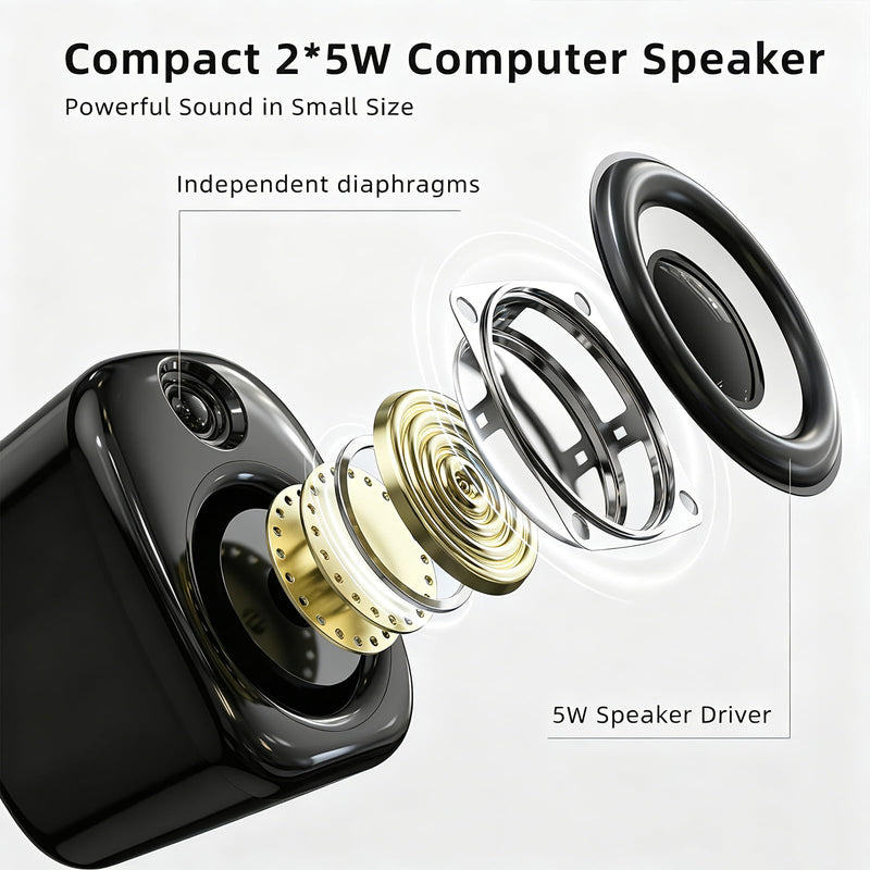 Uakinat Basic Desktop Computer with Computer 2.0 Speakers, 2 × 3W, Plug-and-Play, USB Powered with a 3.5mm aux.
