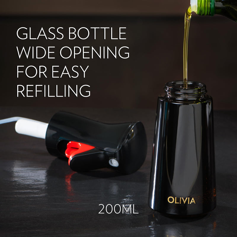 FLAIROSOL OLIVIA Oil Sprayer for Cooking, 200ml Glass Olive Oil Sprayer, Continuous Cooking Spray Dispenser with Portion Control for Kitchen, Air Fryer, Salad, BBQ (Black Bottle, Gold Print) 1 Pack Black
