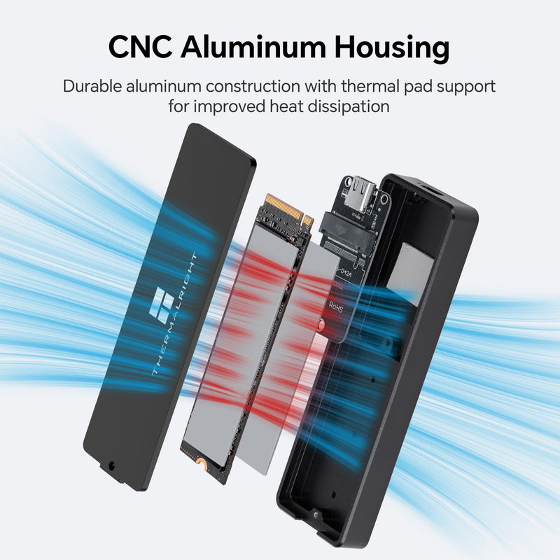 Thermalright M.2 NVMe SSD Enclosure HR-EB118 AC Black | USB3.2 Gen2 10Gbps USB-C External SSD Case, CNC Aluminum Housing, UASP/Trim/S.M.A.R.T, Thermal Pads, 2230-2280, Up to 8TB