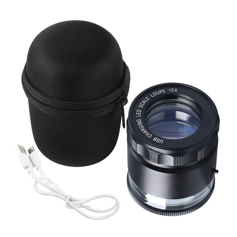 15X Jewelers Loupe with Light USB Rechargeable Metal Loupe Magnifier with Detachable Reticle Scale, 25mm Field of View, Adjustable Focus Eye Loupe Jewelry Magnifying Glass for Gems, Coins, Watches
