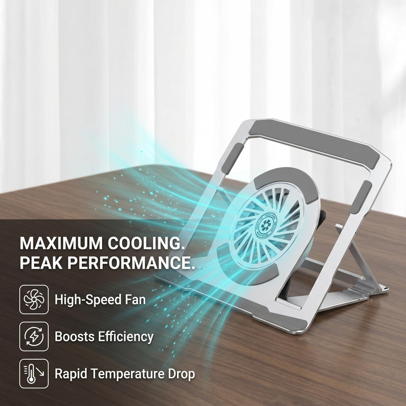 BudddhiGear Laptop Stand, Aluminum Heat Dissipation, Built-in Fan, 6 Height Adjustment, Rotatable, for Laptop