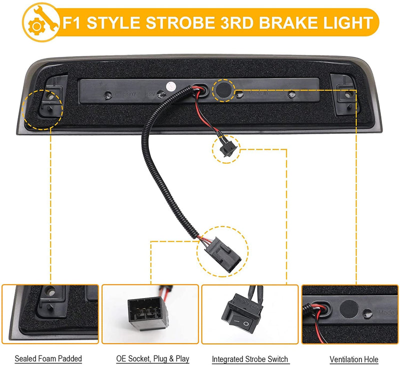 R&F Auto LED Strobe Third Brake Light Compatible With Ram 1500 2500 3500 4500 5500, 2010-2018, F1 Style Red Flash Smoked High Mounted Stop Lights with Seal Foam Gaskets Roof Cargo Lamp Pickup Truck E, for Ram (2010-2018) Smoked