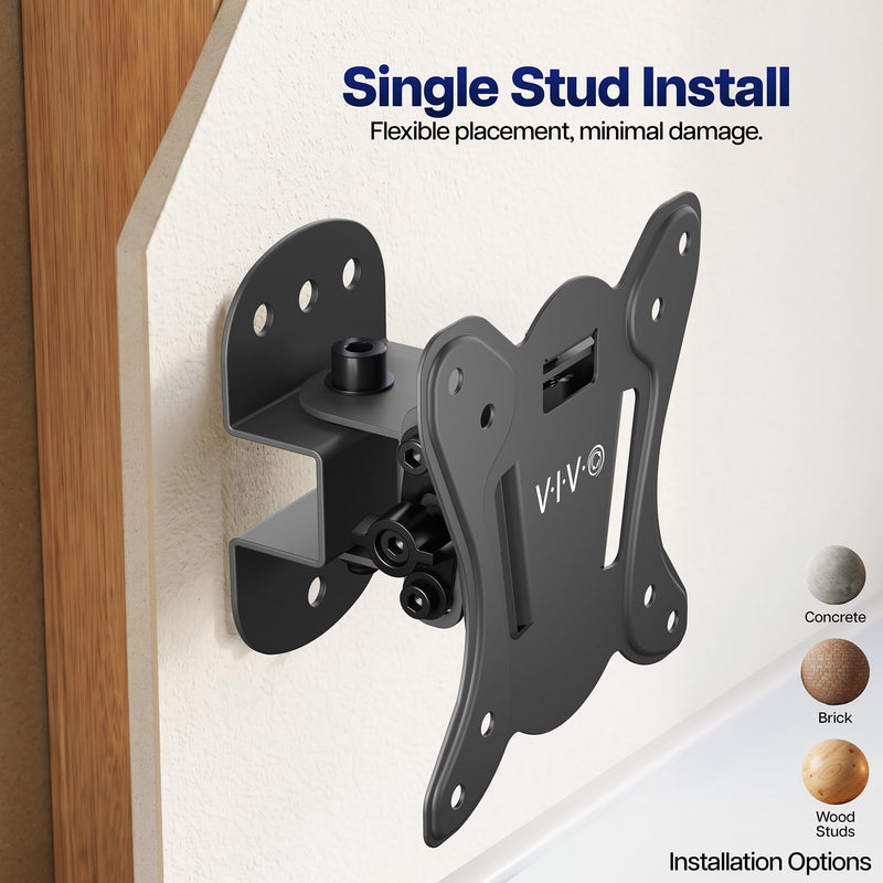 VIVO Compact TV Wall Mount for 13 to 32 inch Screens up to 55 lbs, Tilt and Swivel, Single Stud, Low Profile 3 inches from Wall, VESA 75x75 and 100x100, Black, MOUNT-TS132K