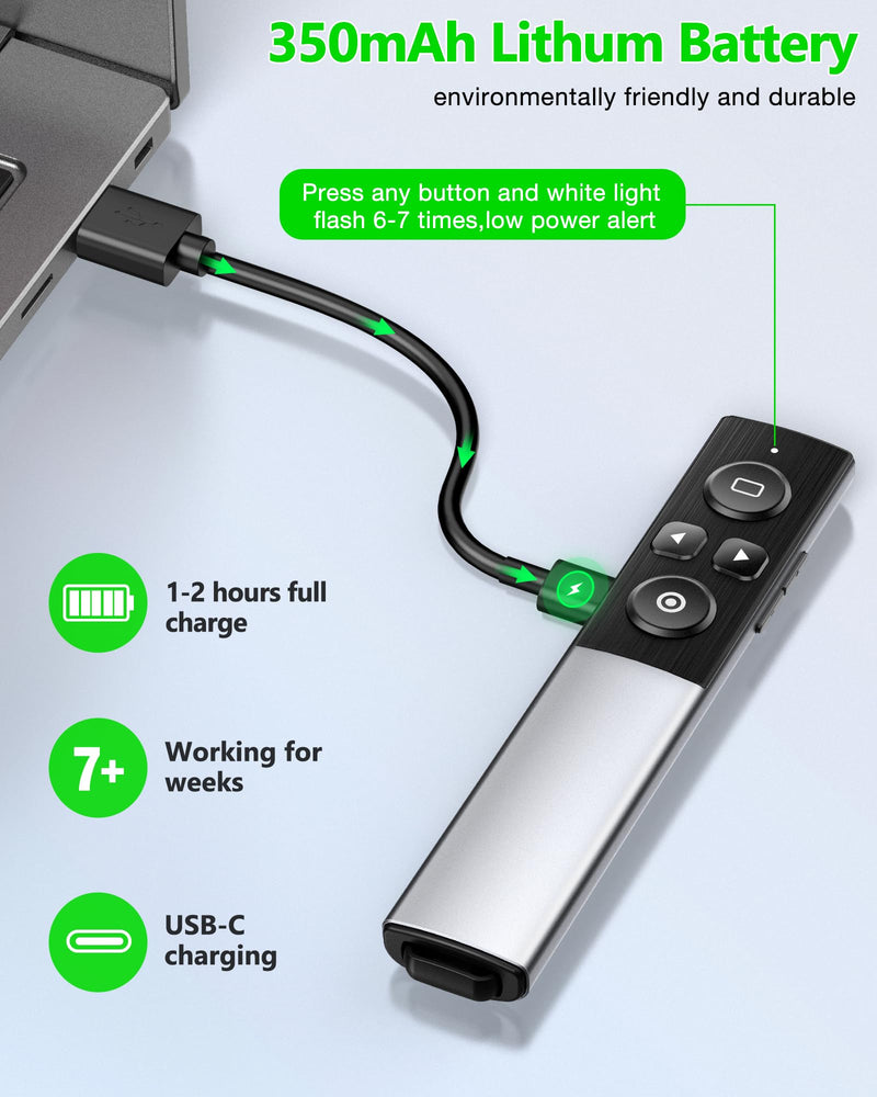 Wireless Presentation Clicker- Clicker for Powerpoint Presentations- Rechargeable Presentation Remote, Slide Advancer for Keynote/PPT/Mac/PC/Laptop Green Light-Rechargeable & Metal