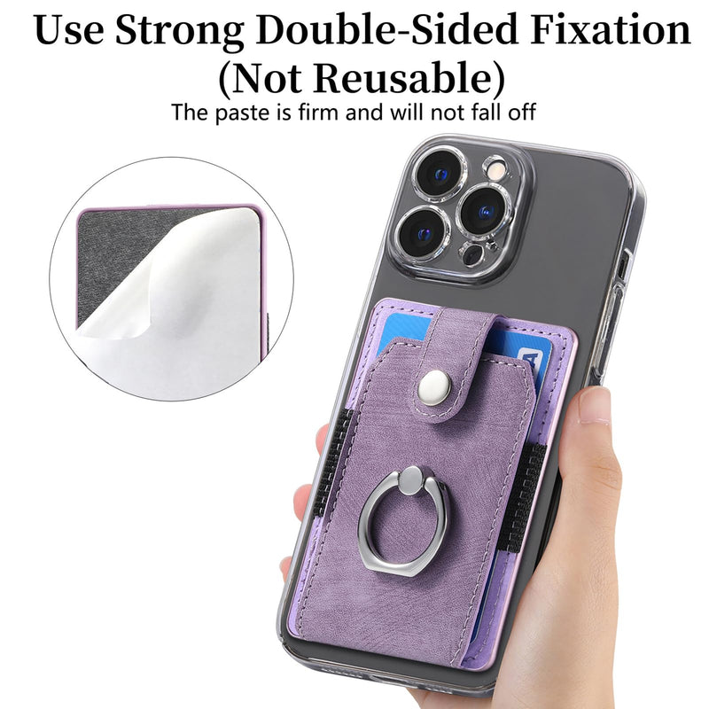 Cell Phone Card Holder with Ring Grip,Adhesive Phone Card Wallet,Purple | Holds up to 3 cards;360° ring works as grip and kickstand,Can be used on most phones or phone cases larger than 5.8 inches. Purple
