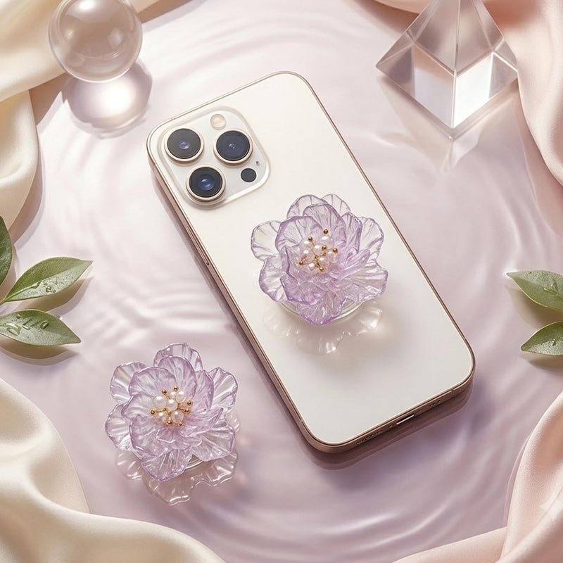 On The Grip 3D Lotus Flower Phone Grip - Collapsible Smartphone Stand & Kickstand, Pearl White & Lavender Crystal Topper (Clear Lavender) Clear Lavender