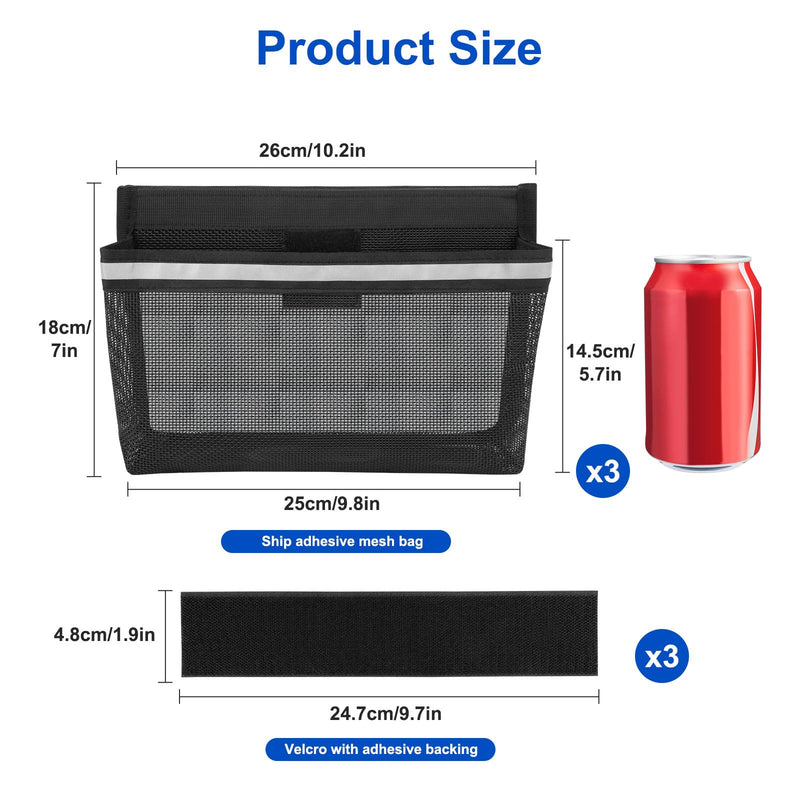 Linkstyle 3PCS Boat Storage Mesh Bag, Self Adhesive Marine Caddy Organizer with Reflective PVC Mesh Bag for Boat Cabin Deck RV Storage Accessories Waterproof black-L