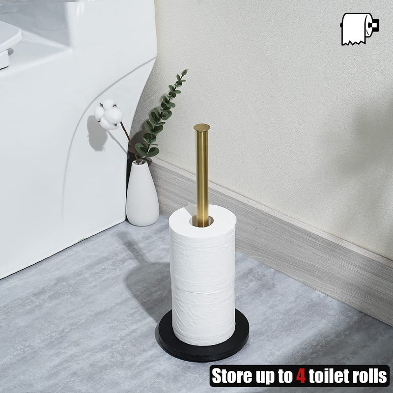 JQK Toilet Paper Storage Stand Gold, 304 Stainless Steel Thicken 0.8mm Tissue Reserve Holder Dispenser for Bathroom, Brushed Gold, TPS180-BG 15.35 Inch Gold & Black Base