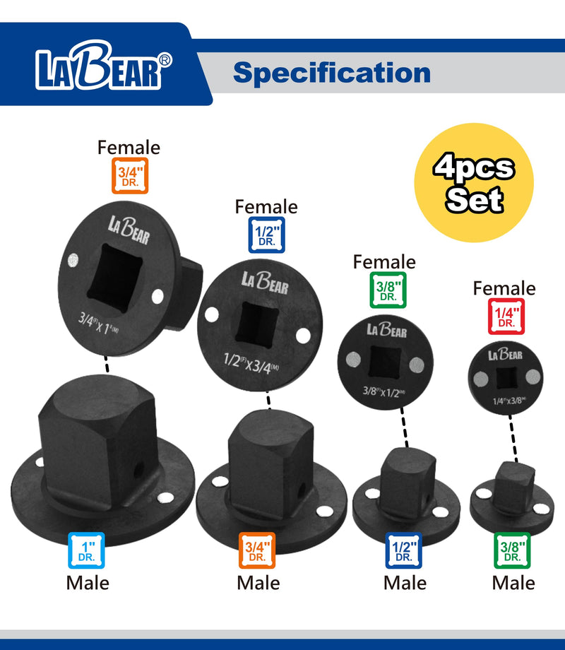 LABEAR 4PCS Low Profile Impact Socket Adapter Set, Drive Reducer Ratchet Adapter 1" to 3/4", 3/4" to 1/2", 1/2" to 3/8", 3/8" to 1/4", Chrome Molybdenum Steel, Magnetic Retention, for Impact Tools