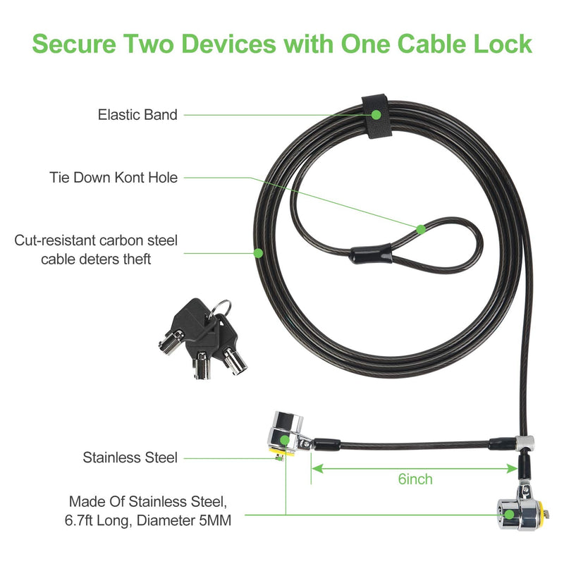 Daul Head Twin Cable Lock Lock for Laptops，Monitor 3 Keys 6.7Foot Lock Two Devices At The Same Time Black Twin head