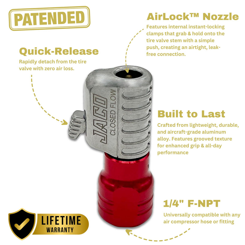 JACO Lightning S2-Series Tire Air Chuck - 1/4" F-NPT (Closed Flow) Straight Lock-on Closed Flow 1-Pack