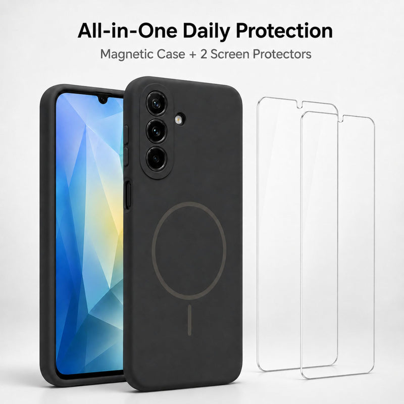 Magnetic for Samsung Galaxy A17 5G Case, Silicone Phone Case with 2 Screen Protectors, Integrated Raised Camera Protection, Shock-Absorbing Drop Protection, Black