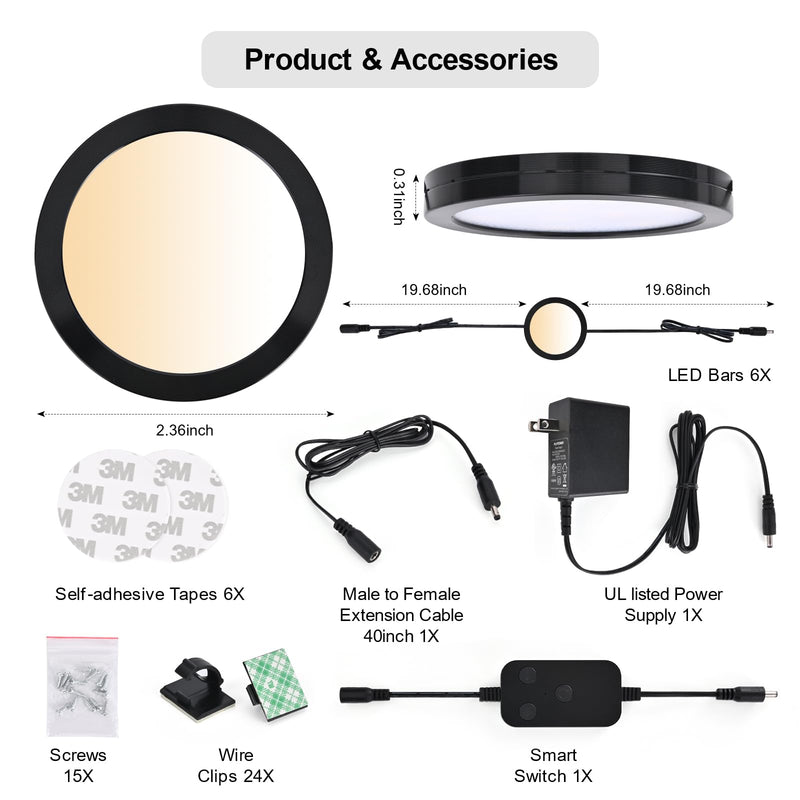 6pack LED Puck Light Kit, 2700-6000K Smart Round Under Cabinet Lighting with APP Control, Compatible with Alexa, Google Assistant, for Under Counter, Kitchen (Black) Black