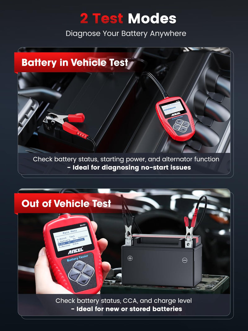 ANCEL BA101 Car Battery Tester, 12V Digital Automotive Alternator Meter Diagnostic Tool,100-2000 CCA Load Capacity, Charging & Cranking Analyzer for Truck, Boat, RV, Marine Vehicle, and More
