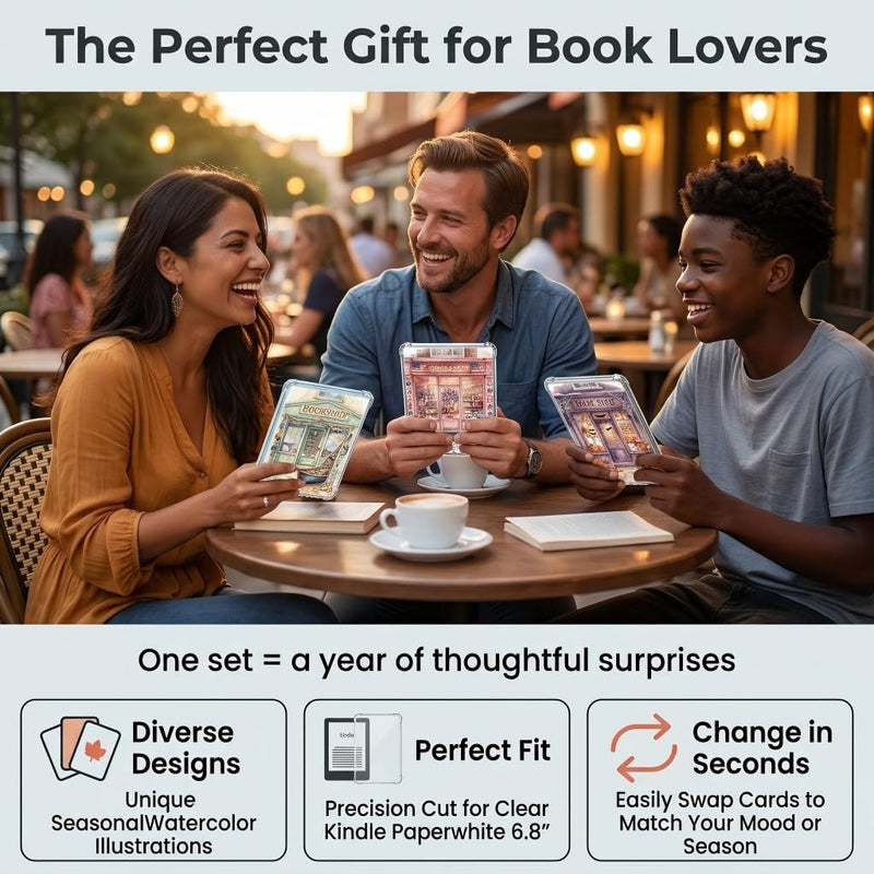 8PCS Seasonal Bookshop Kindle Insert Cardstock for Clear Case, Aesthetic Bookstore Back Inserts for E-Reader, Holiday & Year-Round Designs for 6.8'' Devices, Book Lover Accessories Gift Seasonal Bookshop Insert for Kindle Case