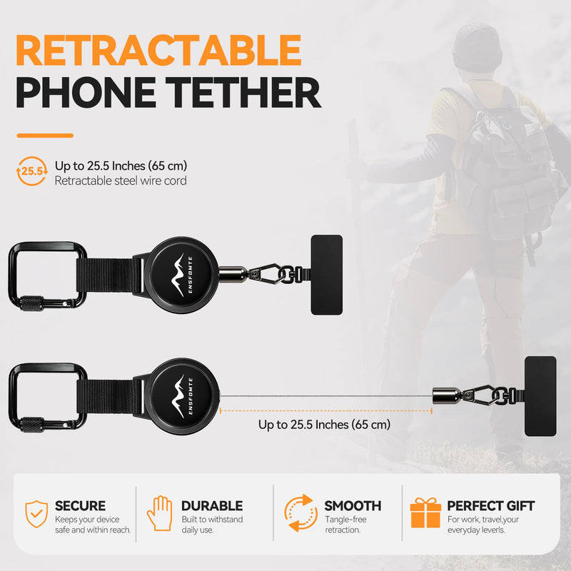 Anti-Theft Phone Tether, Black (2 Pack) | Phone Lanyard Retractable Steel Line & Locking Carabiner, Phone Strap Metal Tether Tab for Climbing Fishing Skiing Hiking Black-2 Pack