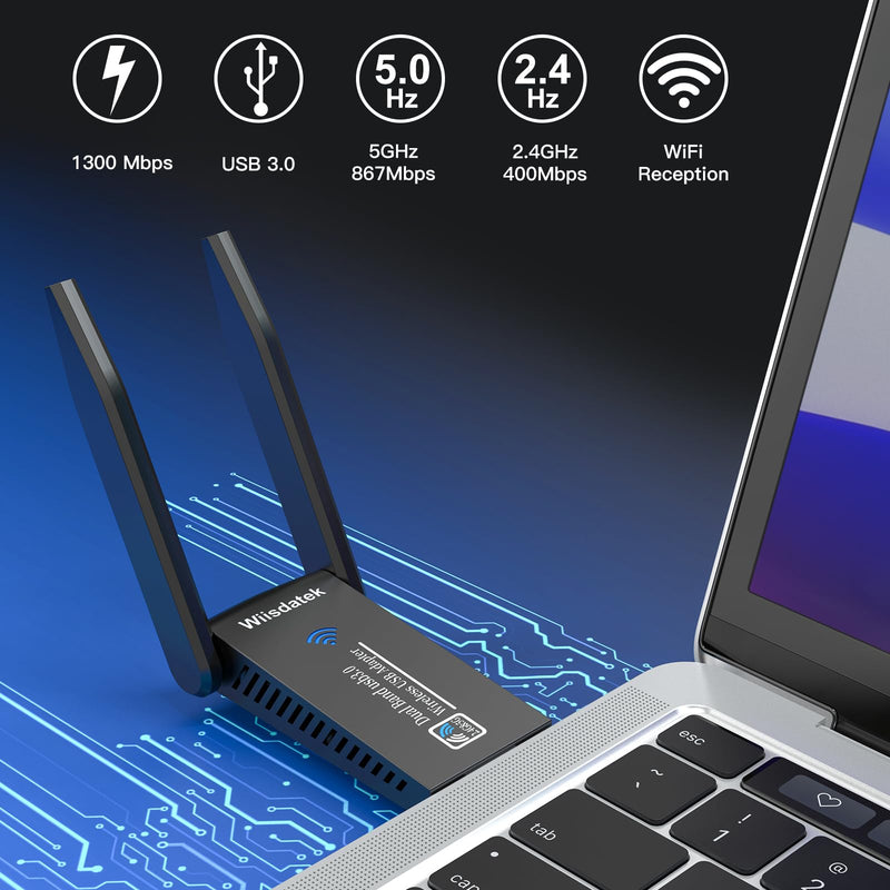USB WiFi-Adapter for Desktop PC, AC1300Mbps USB 3.0 WiFi Dual Band 5G/2.4G Wireless Network Adapter, Mini WiFi Dongle for Windows 11/10/8/7, Mac OS 10.9-10.15